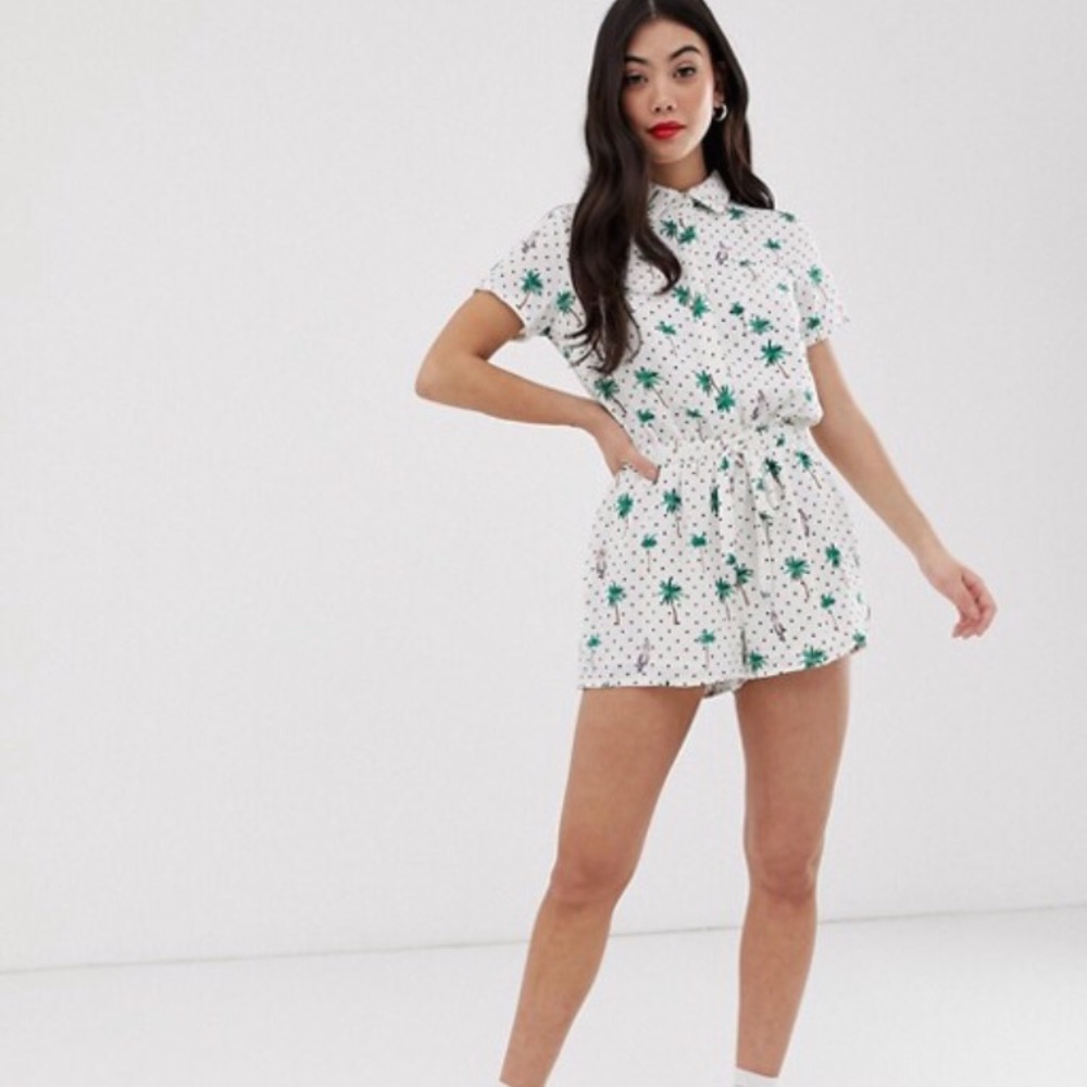 NWT Asos Glamorous Shirt Romper in Palm Polka Dot